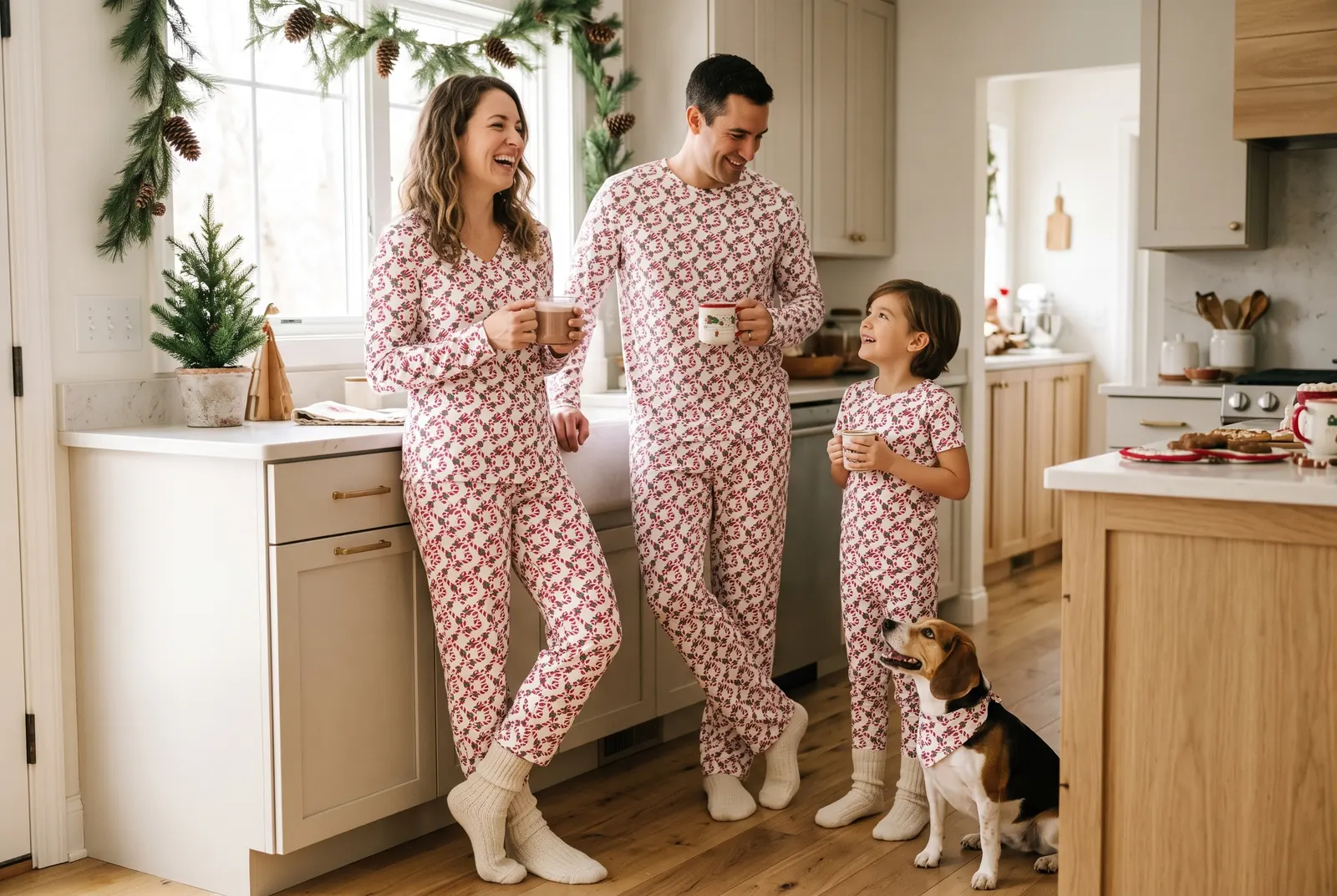 A family in matching candy canes pajamas on a sofa, their dog beside them in the bandana
