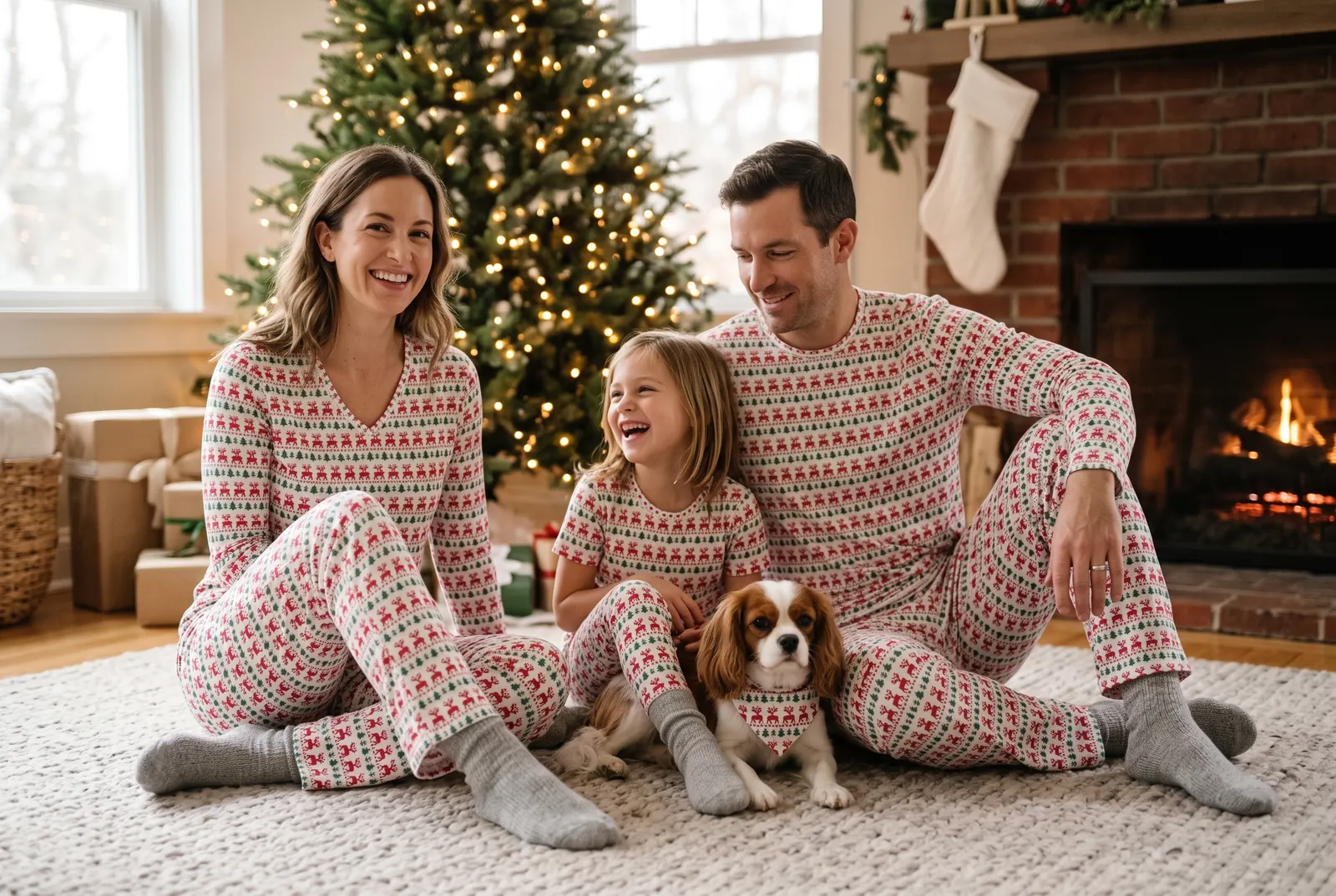 A family in matching reindeer fair isle pajamas on a sofa, their dog beside them in the bandana