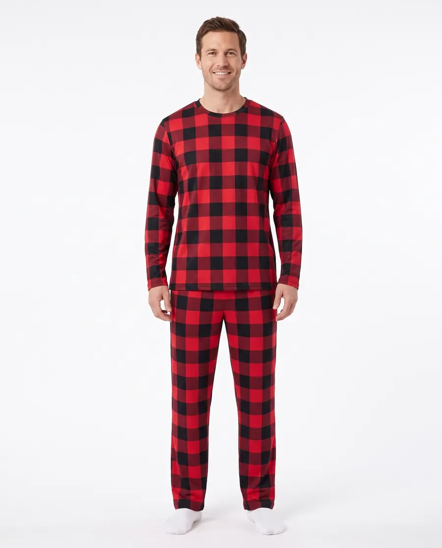 The men's pajamas in buffalo plaid, worn