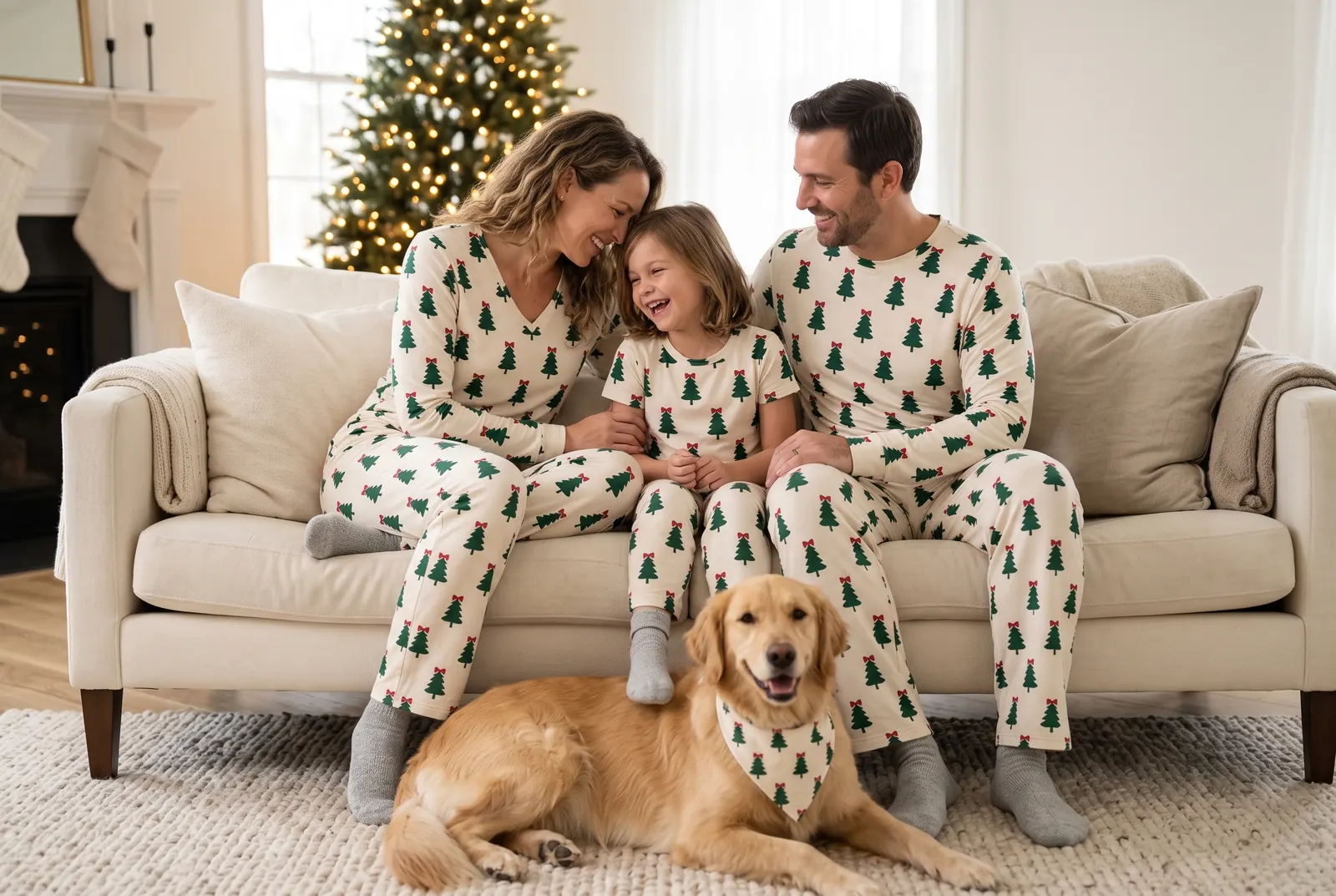 A family in matching trees with bows pajamas on a sofa, their dog beside them in the bandana