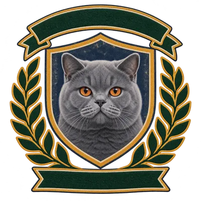 A British Shorthair drawn in our Varsity crest style