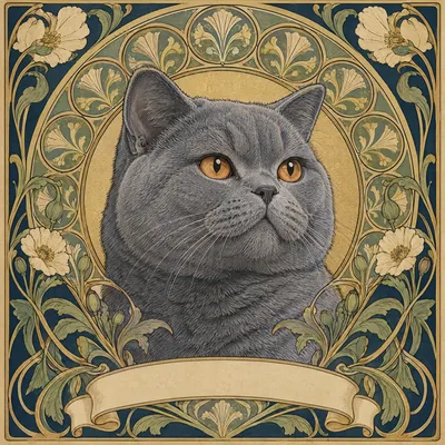 A British Shorthair drawn in our Art nouveau style