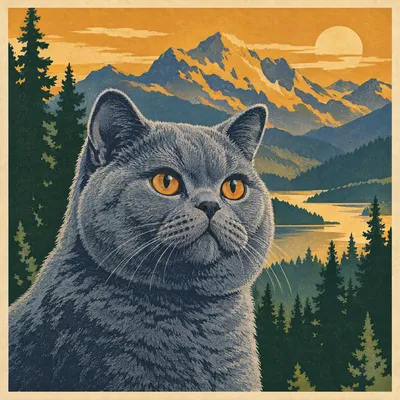 A British Shorthair drawn in our National park poster style