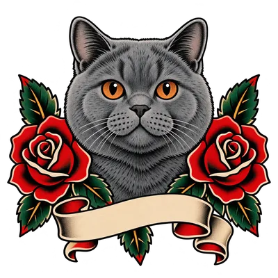 A British Shorthair drawn in our Tattoo flash style