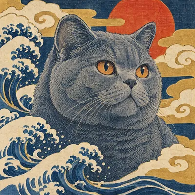 A British Shorthair drawn in our Woodblock print style
