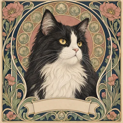 A Domestic Longhair drawn in our Art nouveau style