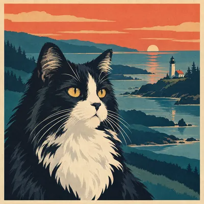 A Domestic Longhair drawn in our National park poster style