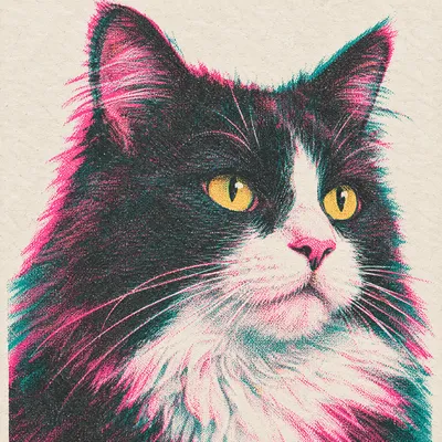 A Domestic Longhair drawn in our Risograph print style