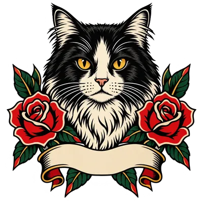 A Domestic Longhair drawn in our Tattoo flash style