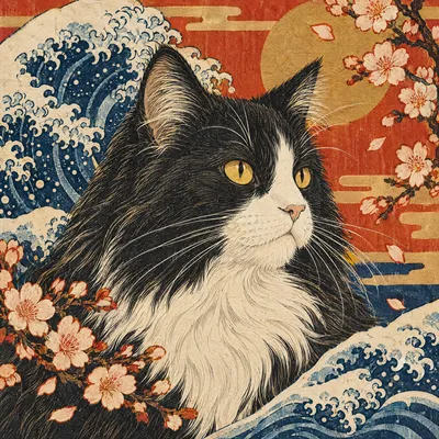 A Domestic Longhair drawn in our Woodblock print style