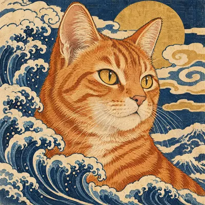 A Domestic Medium Hair drawn in our Woodblock print style