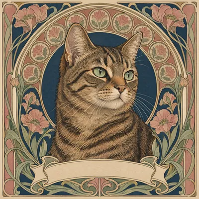 A Domestic Shorthair drawn in our Art nouveau style