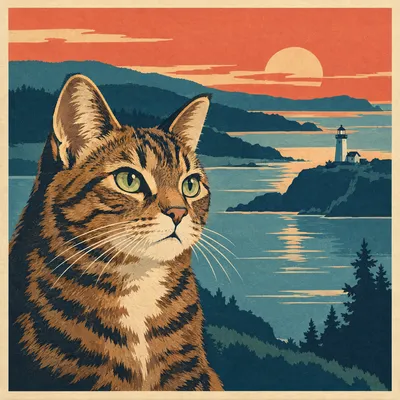 A Domestic Shorthair drawn in our National park poster style
