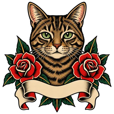 A Domestic Shorthair drawn in our Tattoo flash style