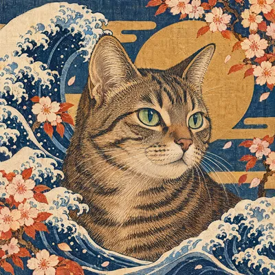 A Domestic Shorthair drawn in our Woodblock print style