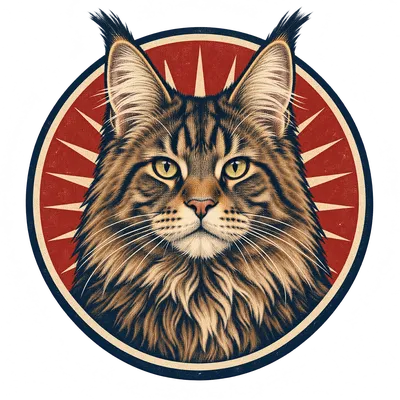 A Maine Coon drawn in our Retro badge style