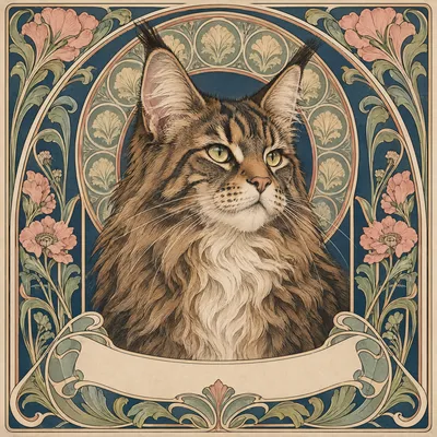 A Maine Coon drawn in our Art nouveau style