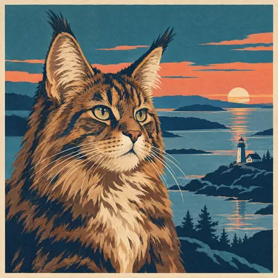 A Maine Coon drawn in our National park poster style