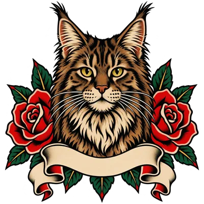 A Maine Coon drawn in our Tattoo flash style