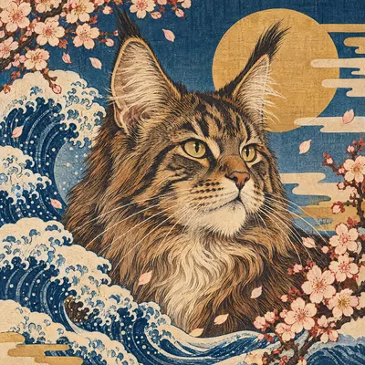 A Maine Coon drawn in our Woodblock print style