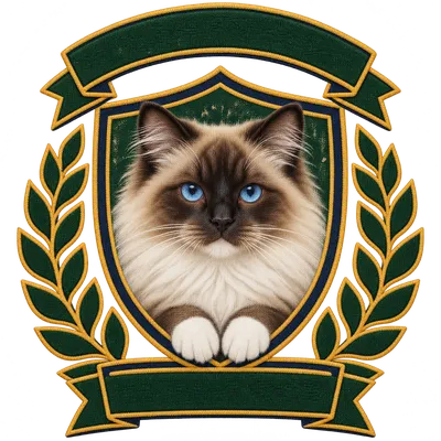 A Ragdoll drawn in our Varsity crest style