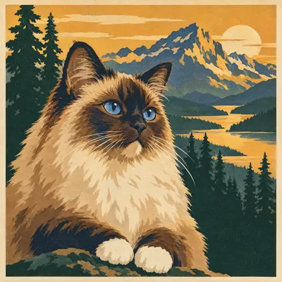A Ragdoll drawn in our National park poster style