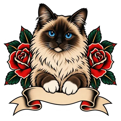 A Ragdoll drawn in our Tattoo flash style