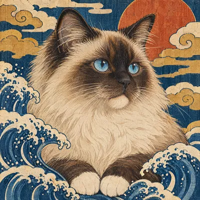 A Ragdoll drawn in our Woodblock print style