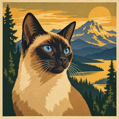 A Siamese drawn in our National park poster style