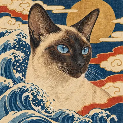 A Siamese drawn in our Woodblock print style