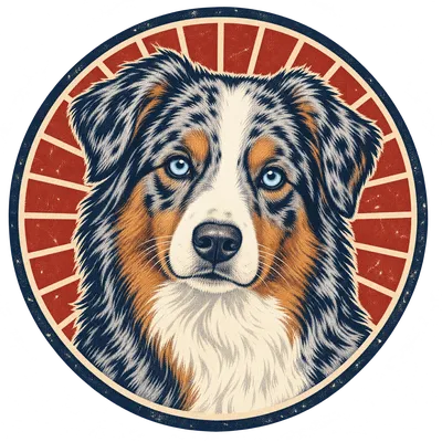 A Australian Shepherd drawn in our Retro badge style