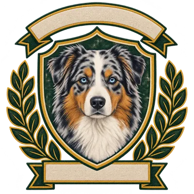 A Australian Shepherd drawn in our Varsity crest style