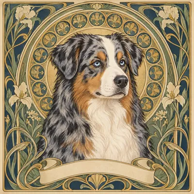 A Australian Shepherd drawn in our Art nouveau style