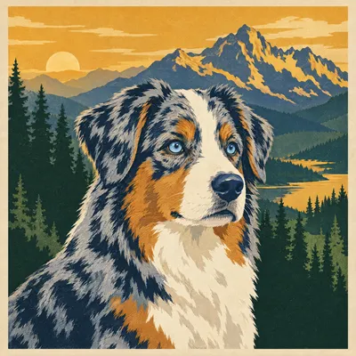 A Australian Shepherd drawn in our National park poster style