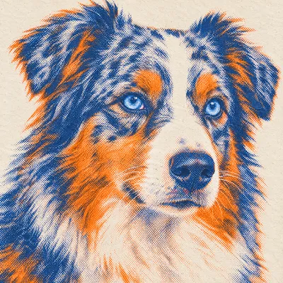 A Australian Shepherd drawn in our Risograph print style