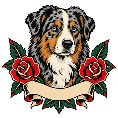 A Australian Shepherd drawn in our Tattoo flash style
