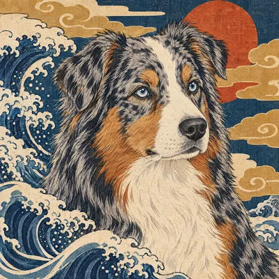 A Australian Shepherd drawn in our Woodblock print style