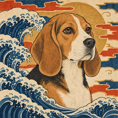 A Beagle drawn in our Woodblock print style