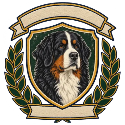 A Bernese Mountain Dog drawn in our Varsity crest style