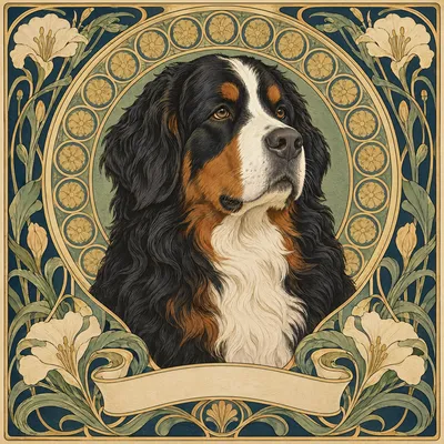 A Bernese Mountain Dog drawn in our Art nouveau style