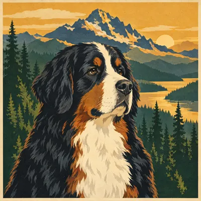 A Bernese Mountain Dog drawn in our National park poster style
