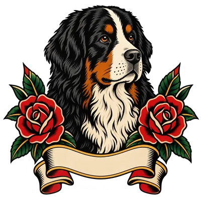 A Bernese Mountain Dog drawn in our Tattoo flash style