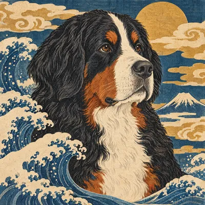 A Bernese Mountain Dog drawn in our Woodblock print style