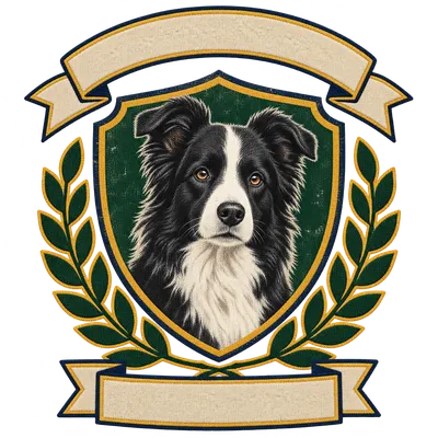 A Border Collie drawn in our Varsity crest style