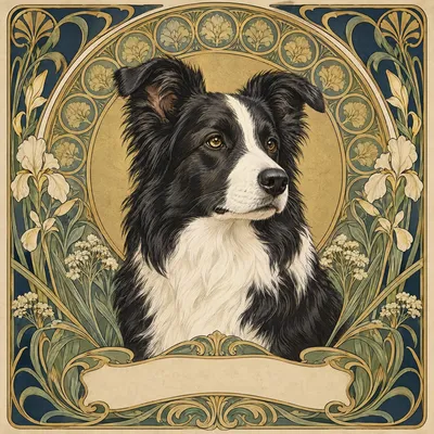 A Border Collie drawn in our Art nouveau style