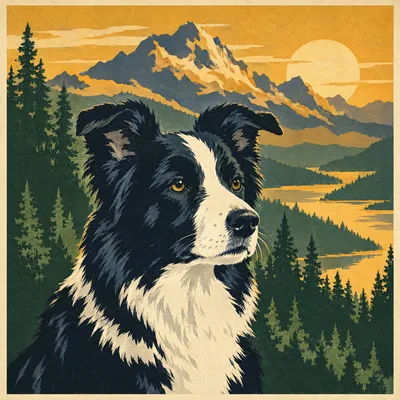 A Border Collie drawn in our National park poster style