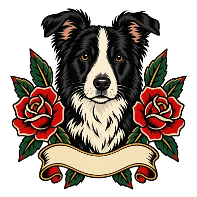 A Border Collie drawn in our Tattoo flash style