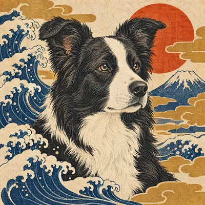 A Border Collie drawn in our Woodblock print style