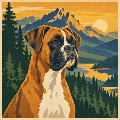 A Boxer drawn in our National park poster style
