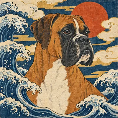A Boxer drawn in our Woodblock print style